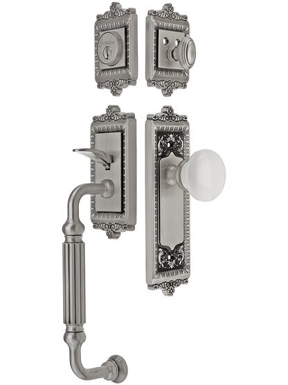 Windsor Entry Lock Set in Antique Pewter Finish with Hyde Park Knob and